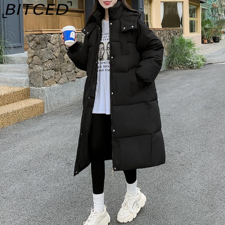 BITCED Long Down Jacket with Quilted Cotton Lining - Women's Loose-Fit Winter Coat - Thickened Cotton-Padded Outerwear