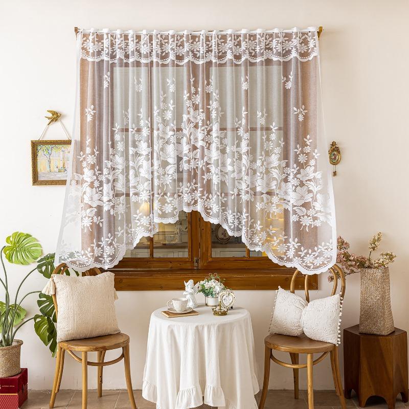 Countryside Style Sunflower Embroidery Half Curtain Kitchen and Bathroom Curtain Lace Decoration Window Sill Beautification Gauze Curtains Rodless
