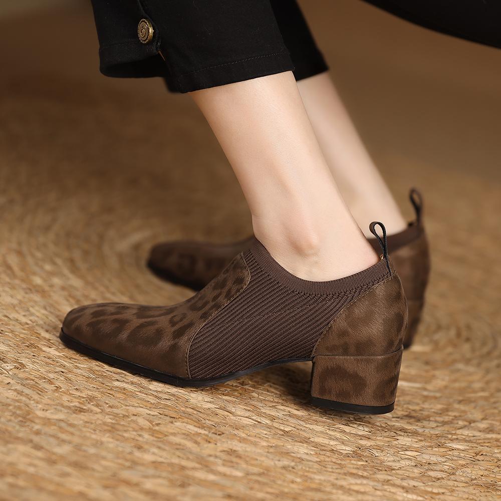 Fashion 2025 Spring New Genuine Leather Soft Work Shoes Women High Heel Stretch Square Toe Slip On Brown Black British Style Heels Women