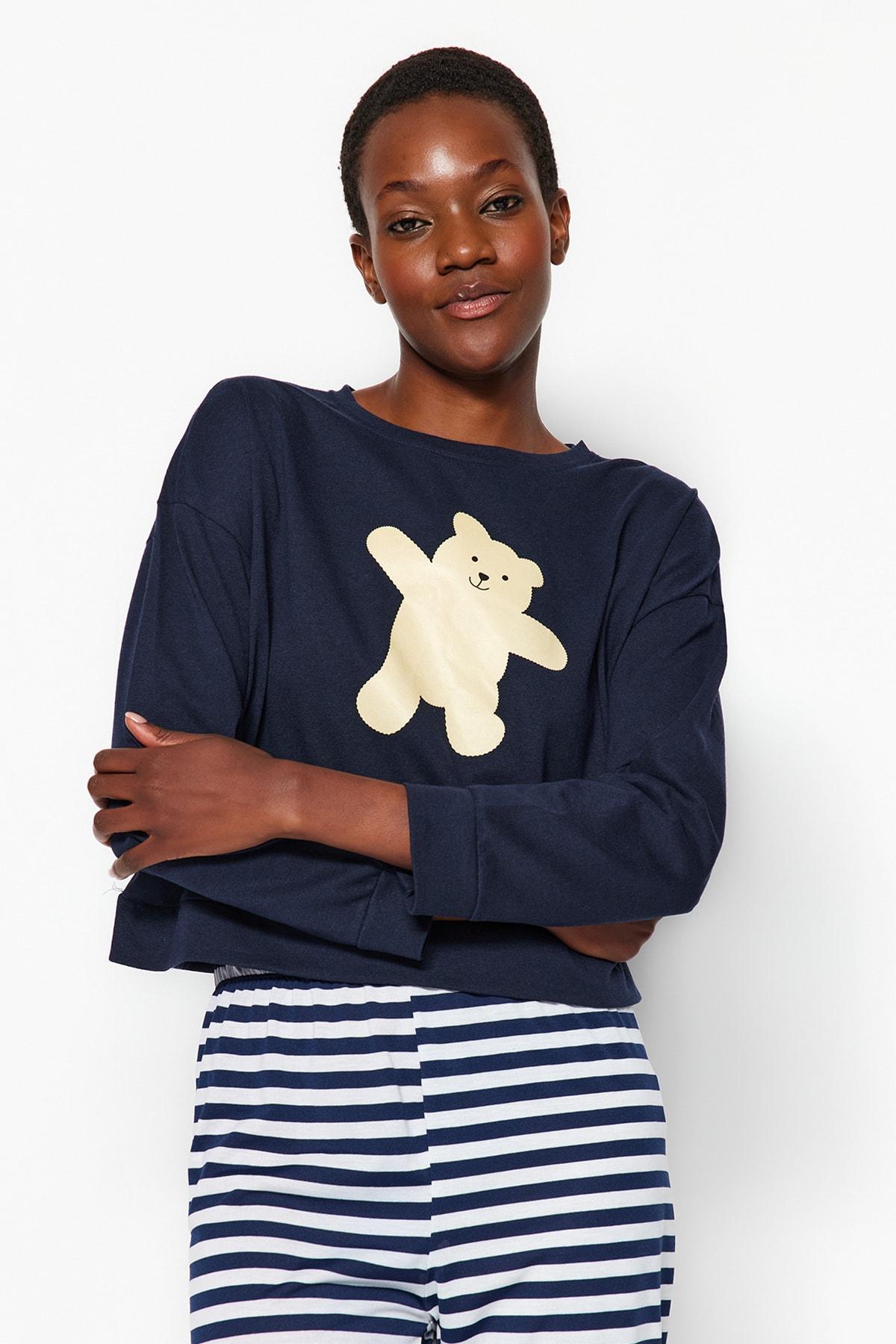 

Темно-синий вязаный пижамный комплект с принтом медведя THMAW21PT0302..