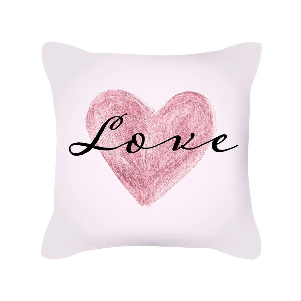 Happy Valentines Day Peach Skin Pillow Case 2D Flat Printed Romantic Pink Heart Cushion Cover For Sofa Living Room Decor
