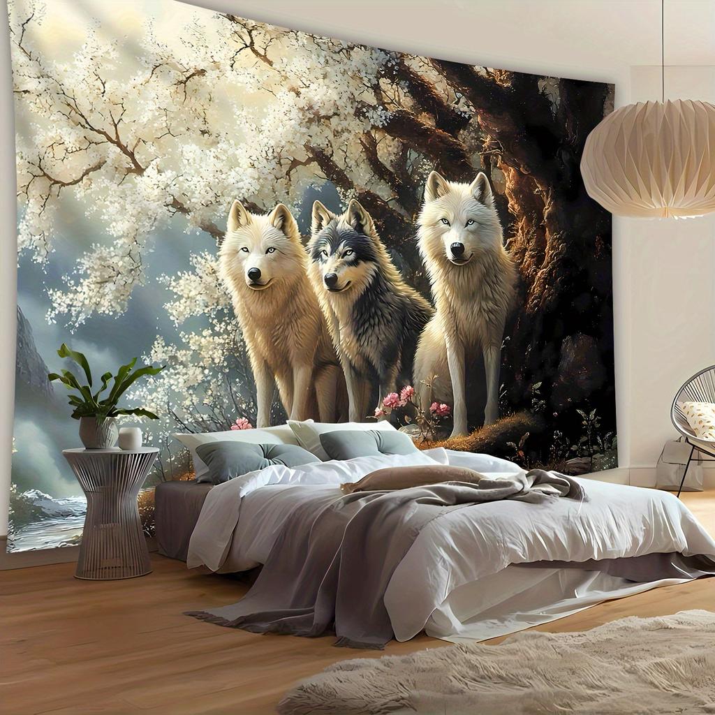 Wolf Wandteppich Weißes Wolfsrudel Unter Kirschblütenbaum Waldlandschaft Wandkunst Für Wohnzimmer Schlafzimmer Zuhause