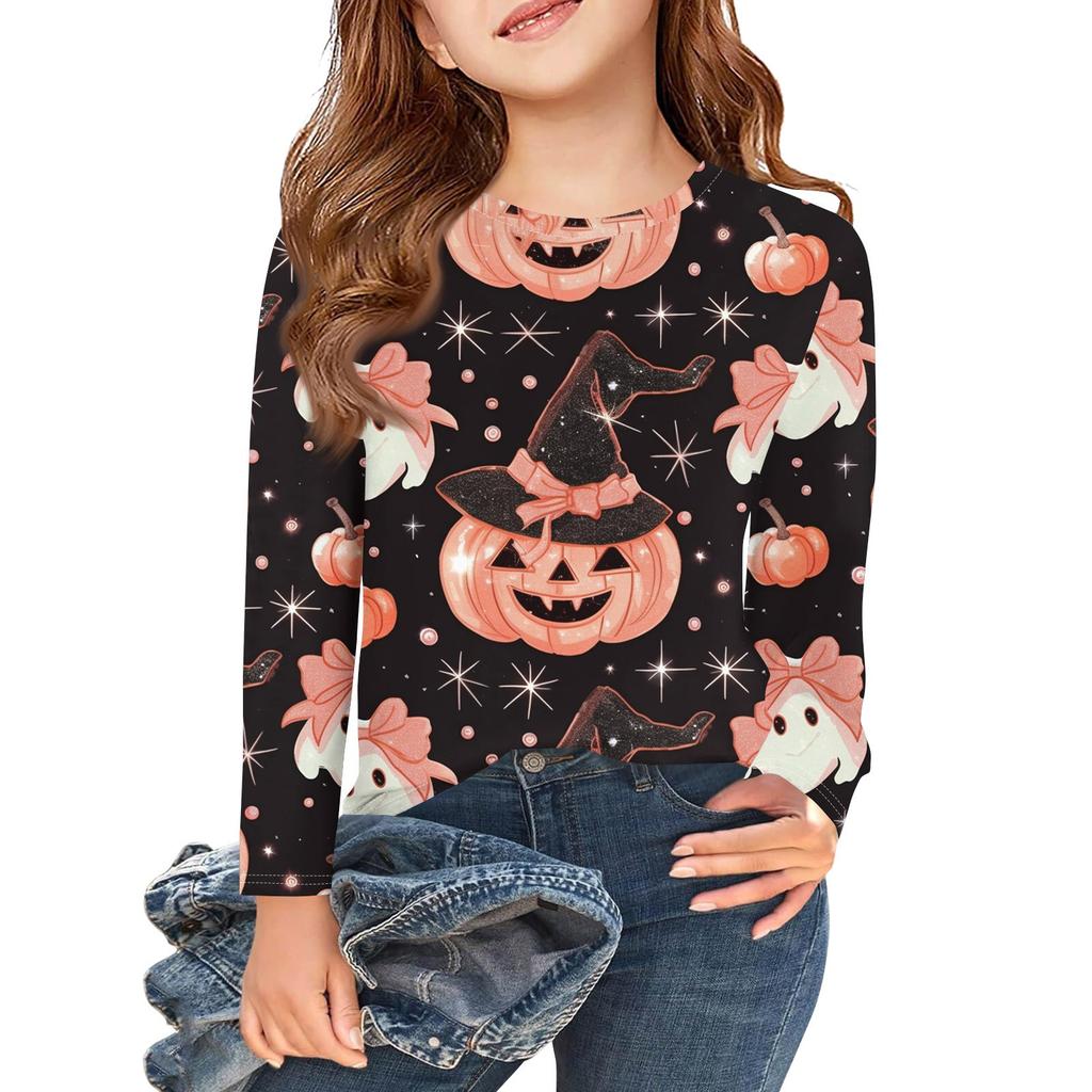 Girls Long Sleeve T Shirts Kids Fall Tops Crewneck Halloween Printed Basic Tees 3-9Y