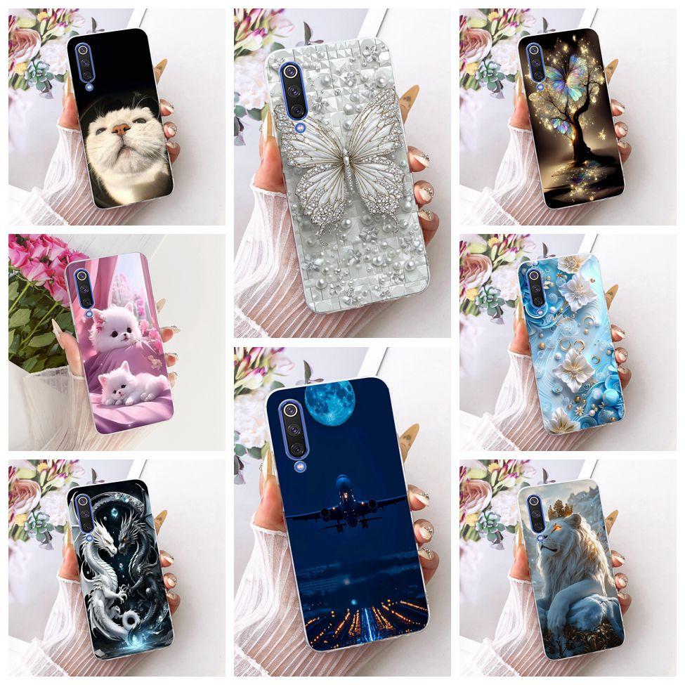 Transparent Cover For Xiaomi Mi 9 SE Case Cute Cat Luxury Fashion Butterfly Funny Painted Casing M1903F2G