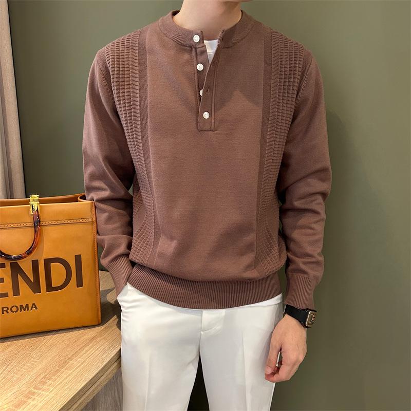 Men s Henley Neck Long Sleeve Knit Sweater: Lightweight British Style for Autumn/Winter L кофейный