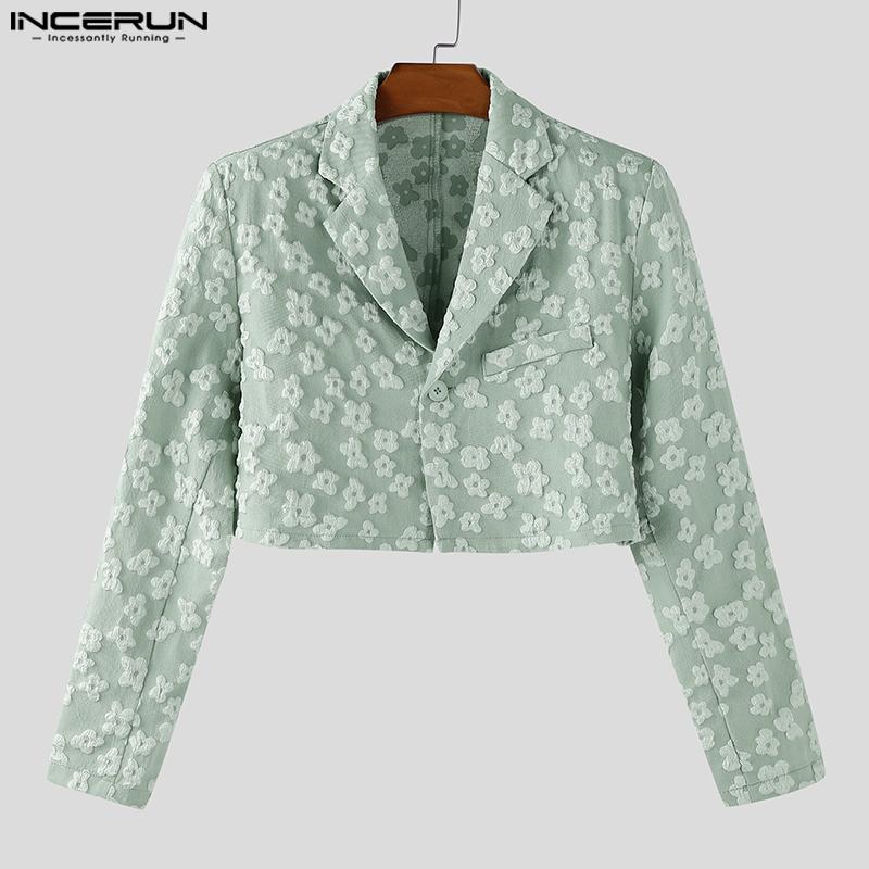 INCERUN Men Lapel Neck Long Sleeve One Button Flowers Texture Cropped Blazer Coats