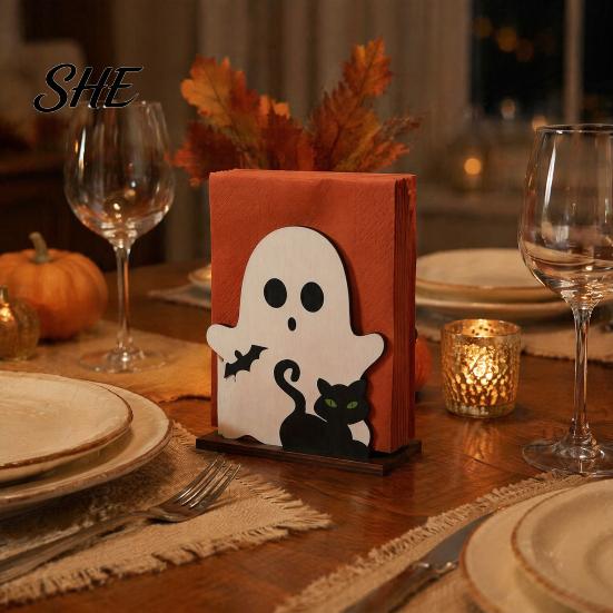 Cute Holiday Dining Accessories Halloween Ghost Wooden Napkin Holder, Paper Towel Decorative Stand Stand, Freestanding Tissue Dispenser Organizer for
