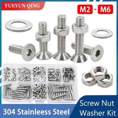 Hexagonal Countersunk Screw Nut Washer Set Metric Threaded Hex Bolt Nuts Spacer Kit Machine Screws Gasket Stainless Steel M2-M6