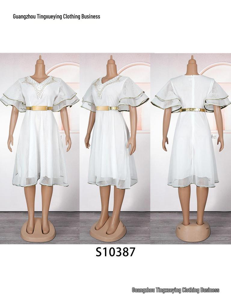 Plus Size V-neck African Women’s Bodycon Dress with Beaded Belt