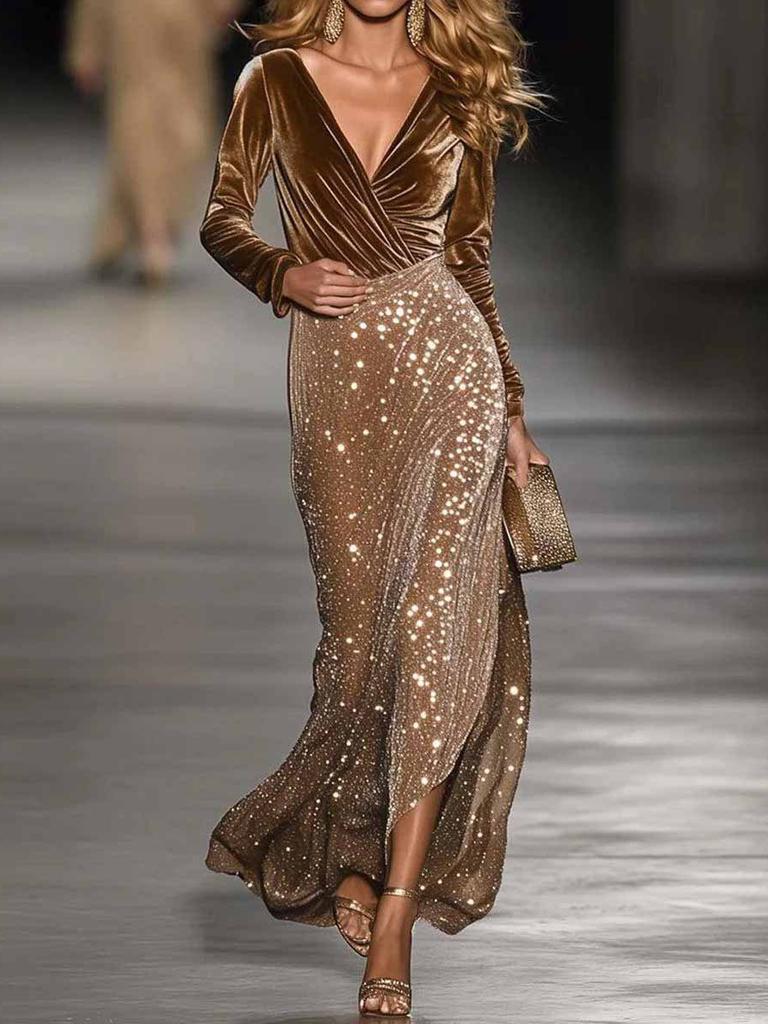 Women's Sequined Long Evening Gown Top Skirt Set