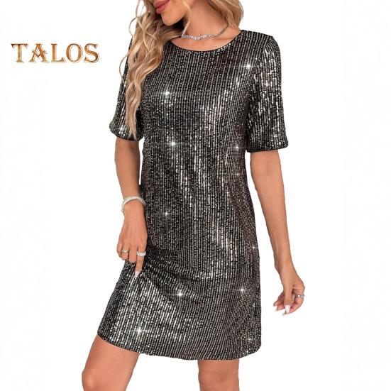 

Женское платье с круглым вырезом и пайетками, сексуальное мини-платье с короткими рукавами, блестящее свободное коктейльное платье для вечеринок и клуба S