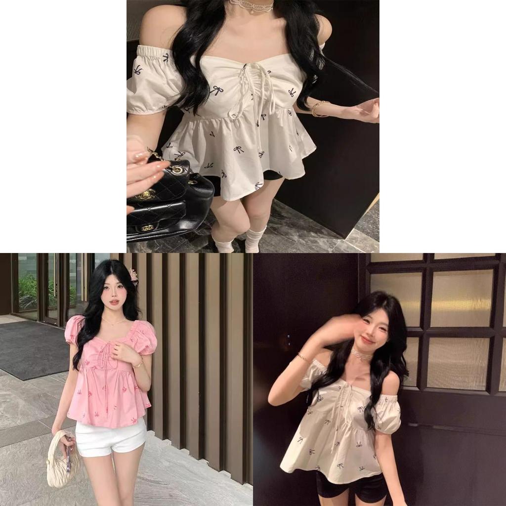 Princess Style Printed Blouse With Puff Sleeves For Summer Casual Wear