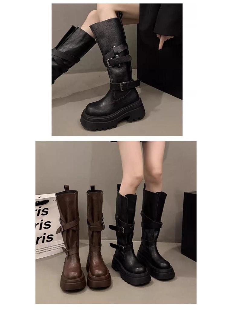 Small Over-the-Knee Height-Increasing Retro Boots with Buckle, Versatile for Autumn, In Stock