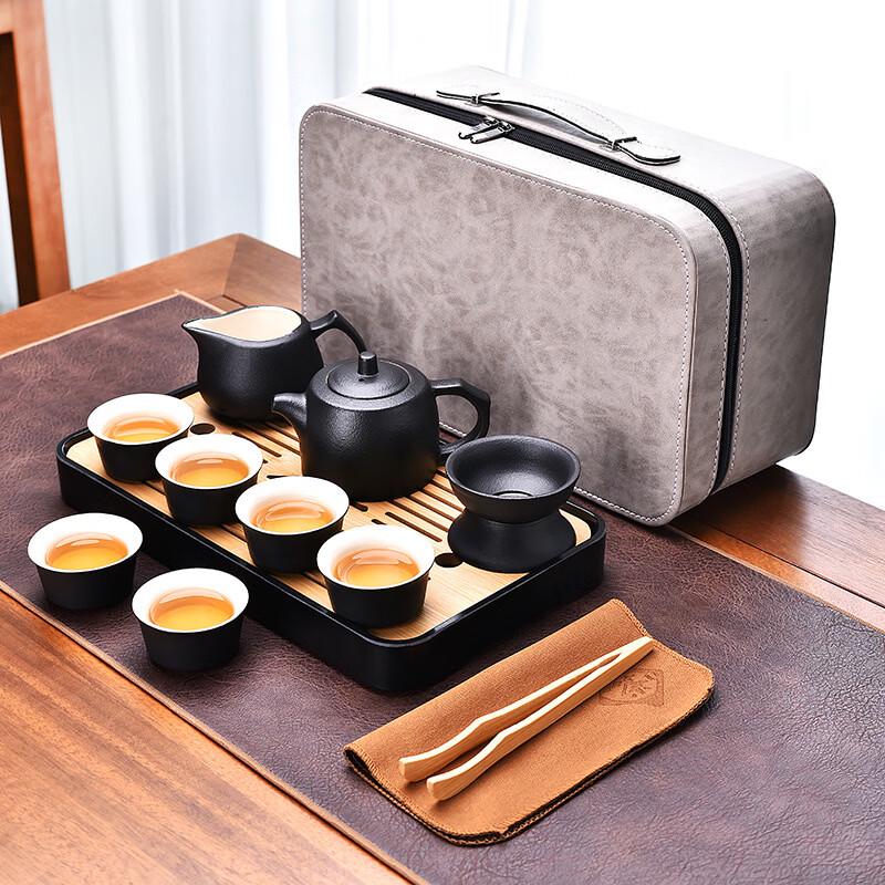 Black Pottery Travel Tea Set Includes Bamboo Tray & Grey Gift Box