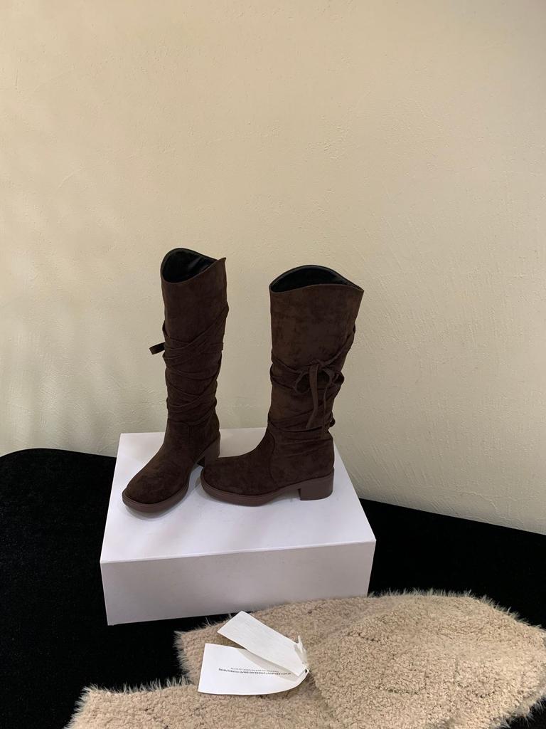 Herbst 2025 Retro Ödland Fransen Ritterstiefel Dicker Absatz aber knielange Stiefel Schlanker Schaft Mittelhohe Stiefel Damen