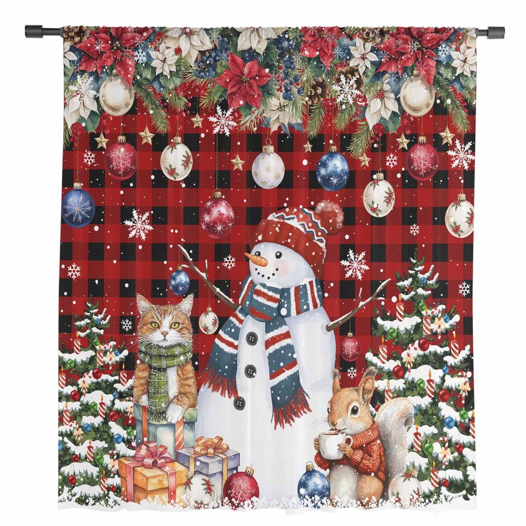 Christmas Tree Snowman Cat Squirrel Snowflake Ball Plaid Sheer Curtains Room Decor Window Curtain Kitchen Tulle Voile Curtains