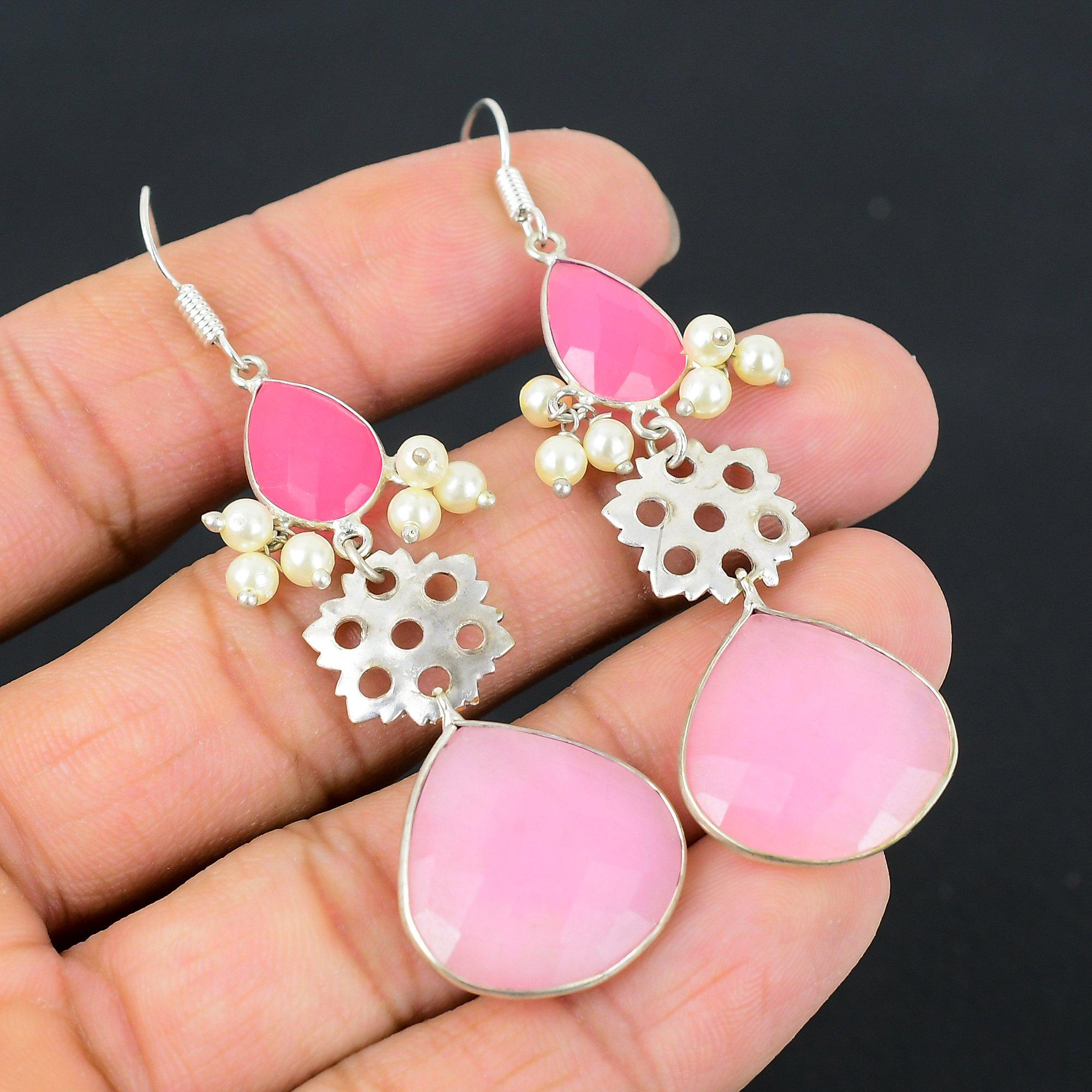 

925 Sterling Silver Natural Pink Chalcedony Drop Hook Daughter Earrings Jewelry