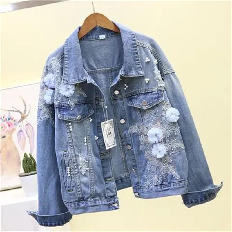 Embroidery Denim Short Jacket Female Spring Autumn Applique Diamond Holes Coat Loose Tops Student Jean Outerwear Jackets