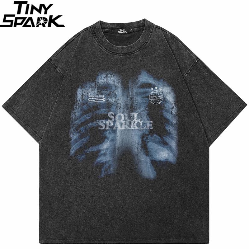 Hip Hop Retro Washed Black TShirt Streetwear XRay Skeleton Vintage Graphic T Shirt Cotton Men Tshirt Unisex Tops Tee Dope