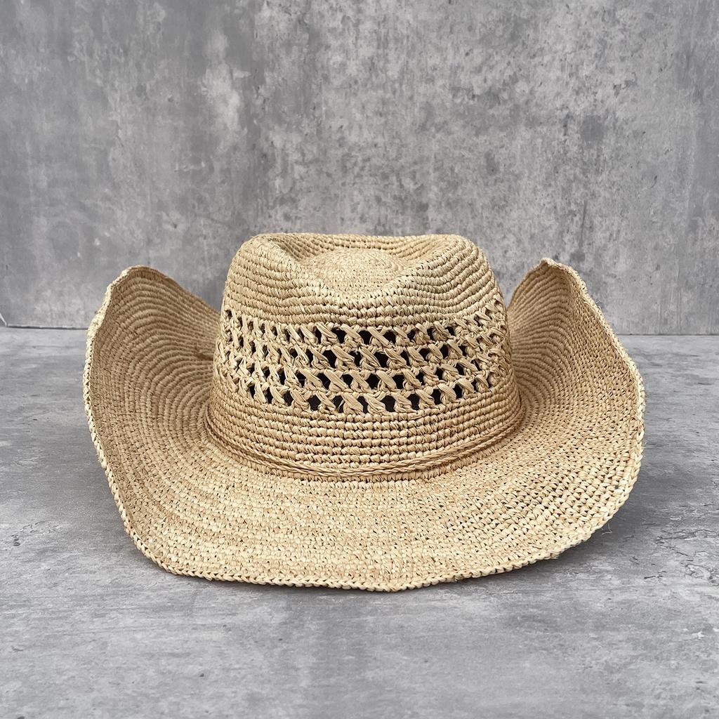Handgehäkelter Natürlicher Raffia Stroh Cowboyhut für Damen Herren Sommer Breiter Rand Sonnenhut Outdoor Atmungsaktiv Strandkappen Modehut