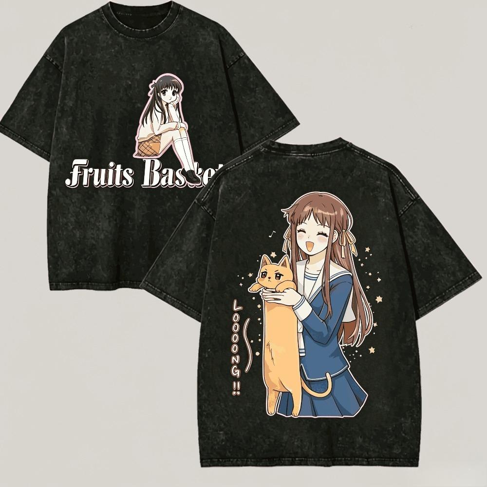 Fruits Basket Shirt Vintage Washed Unisex Oversized Anime Streetwear Soft Cotton Short Sleeve Tee Gift Clothing Tops Hot Sale