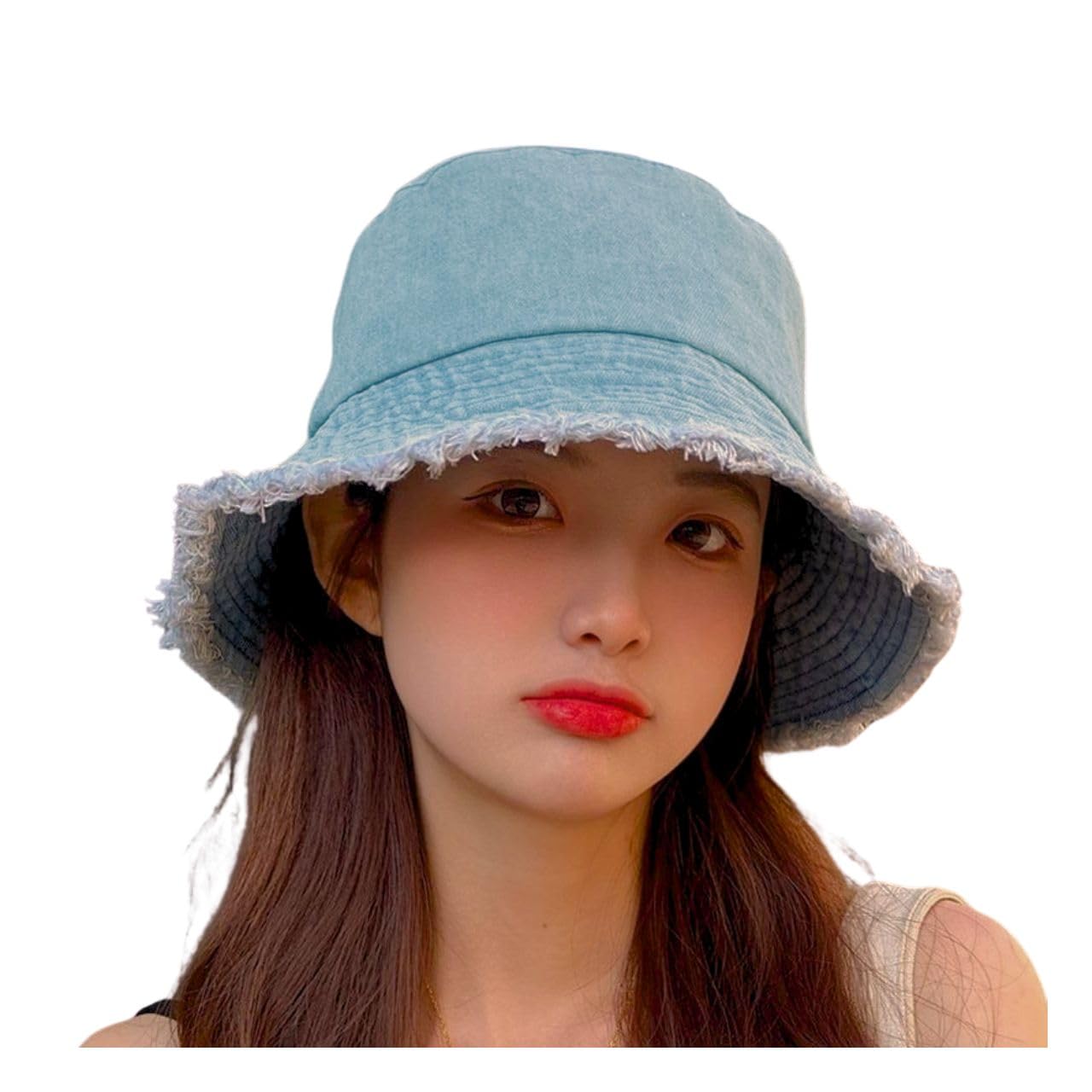 Панама Raw UV с широкими полями, Деним, Бахрома, Женская, Подол, Складная, Защита, (Выстиранный деним)