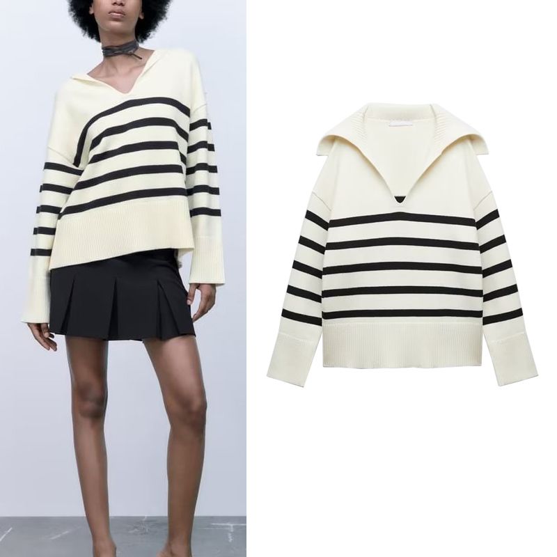 Lazy Autumn New Fashion Polo Collar Striped Pullover