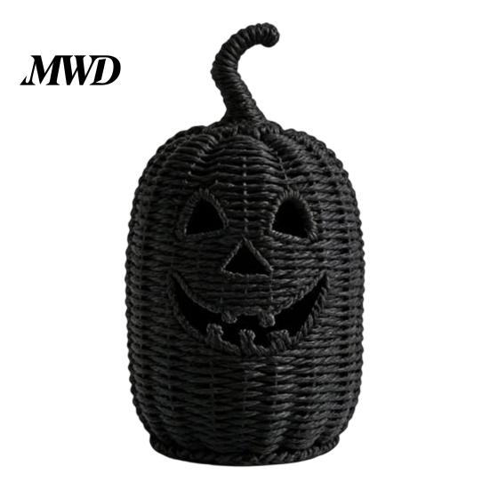 Handcrafted Woven Pattern Pumpkin Halloween Resin Basket, Faux Lantern Ornament, Spooky Party Favors Black Candy Jar for Tabletop Mantel Decor