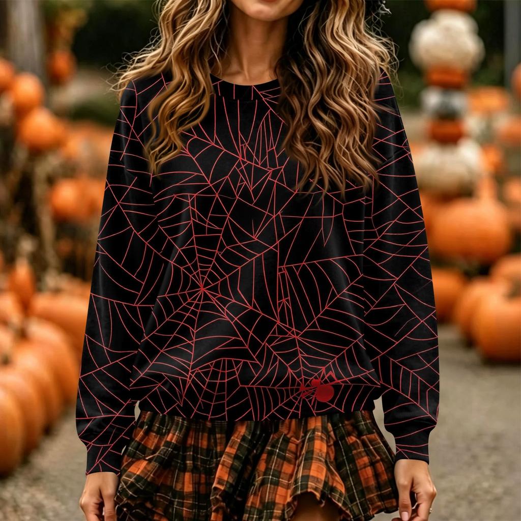 Women's Halloween Print Neck Pullover Sweatshirt, Long Sleeve Casual Fashion Top