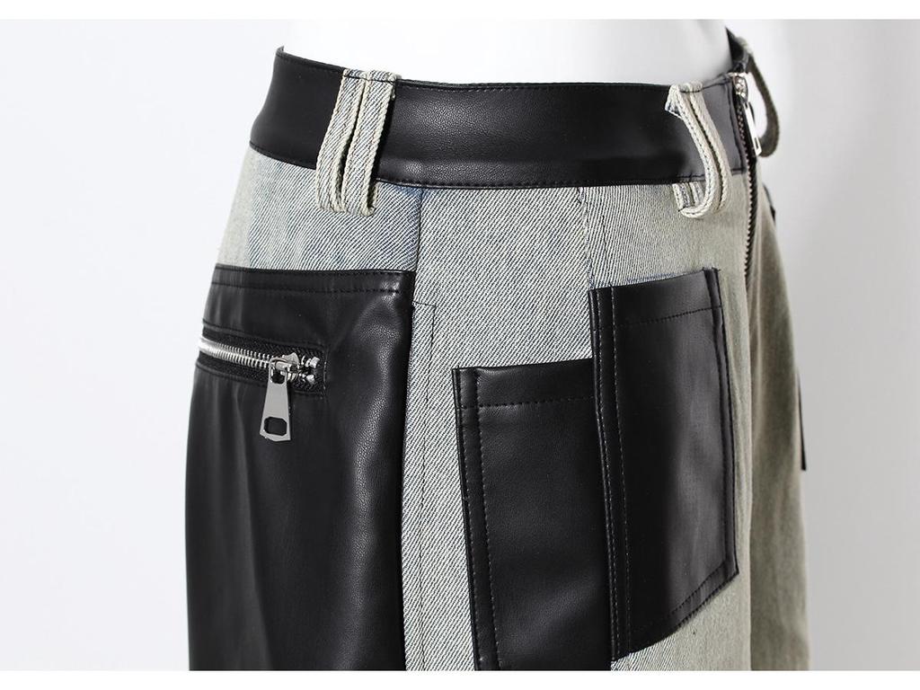 Women's Retro Washed Straight-Leg Jeans with Leather Splice, Contrasting Colors - 2025 Spring Street Style.