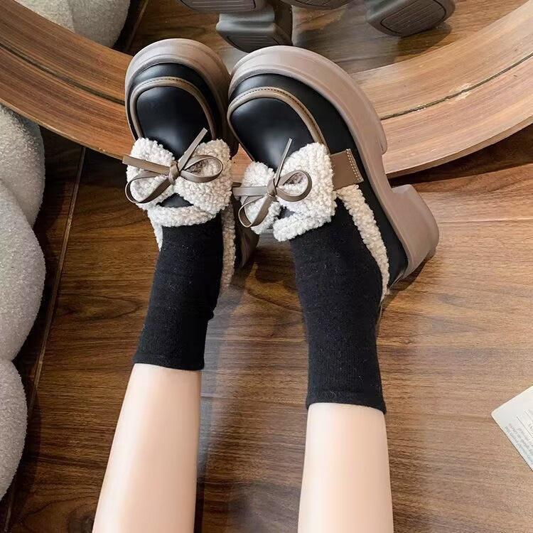 JK school girl velvet small leather shoes winter new non-slip Doudou shoes retro bow loafer cotton shoes
