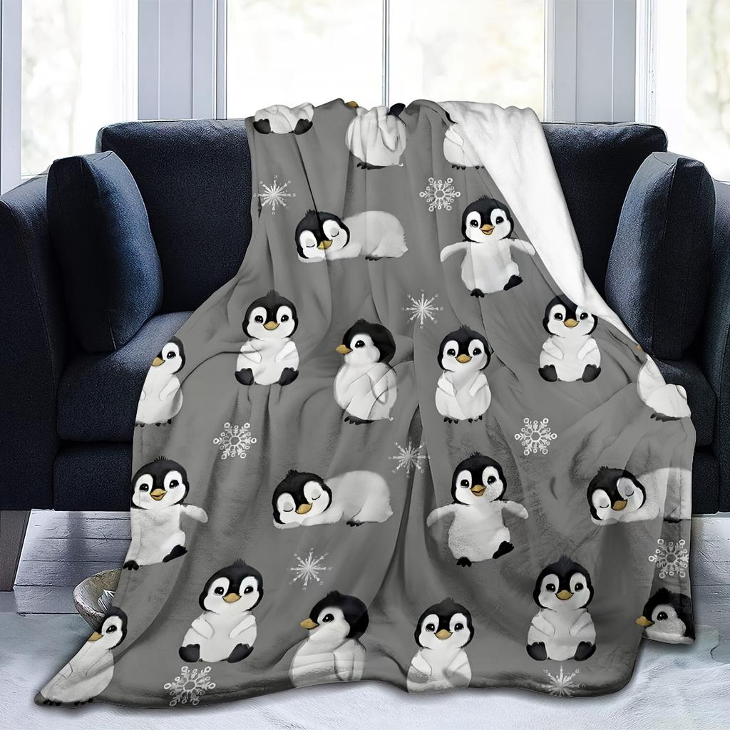 1pc Penguin print flannel blanket gray fun abstract pattern for children and adults universal blanket bed sofa multifunctional