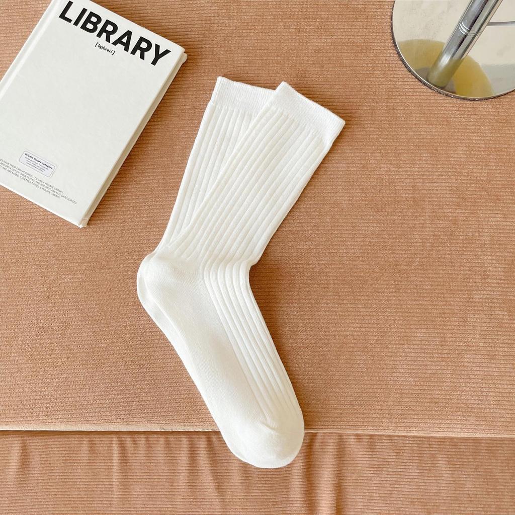 Dámské ponožky ze 100% čisté bavlny do půlky lýtek, trendy korejský styl, jednobarevné, dvoujehlové, podzimní/zimní svislý proužek, podkolenky s volným lemem