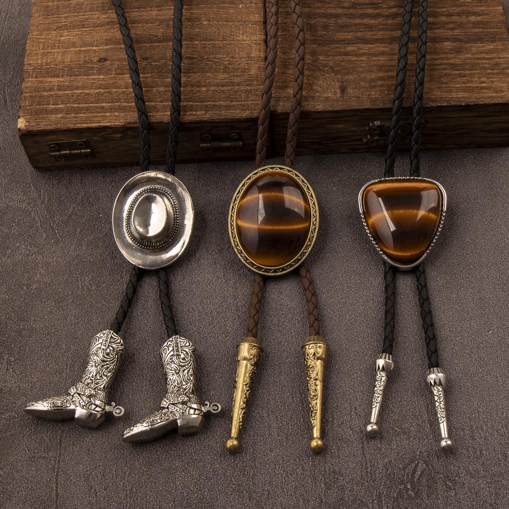 Mens Alloy Western Bolo Tie Necklace Cowboy Hat & Boots, Tigers Eye Stone Pendant, Silver & Antique Bronze Finish