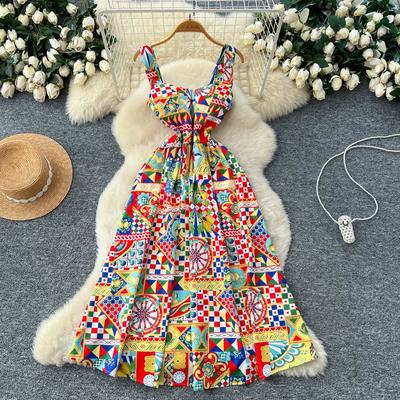Summer Women Vintage Baroque Print Designer Runway Dress Spaghetti Strap Long Midi Party Dresses