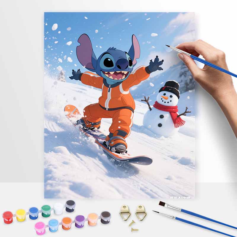 Disney Digital Oil Painting Art Kit Stitch Snowboarding Winter Scene Hand Filled Home Decor