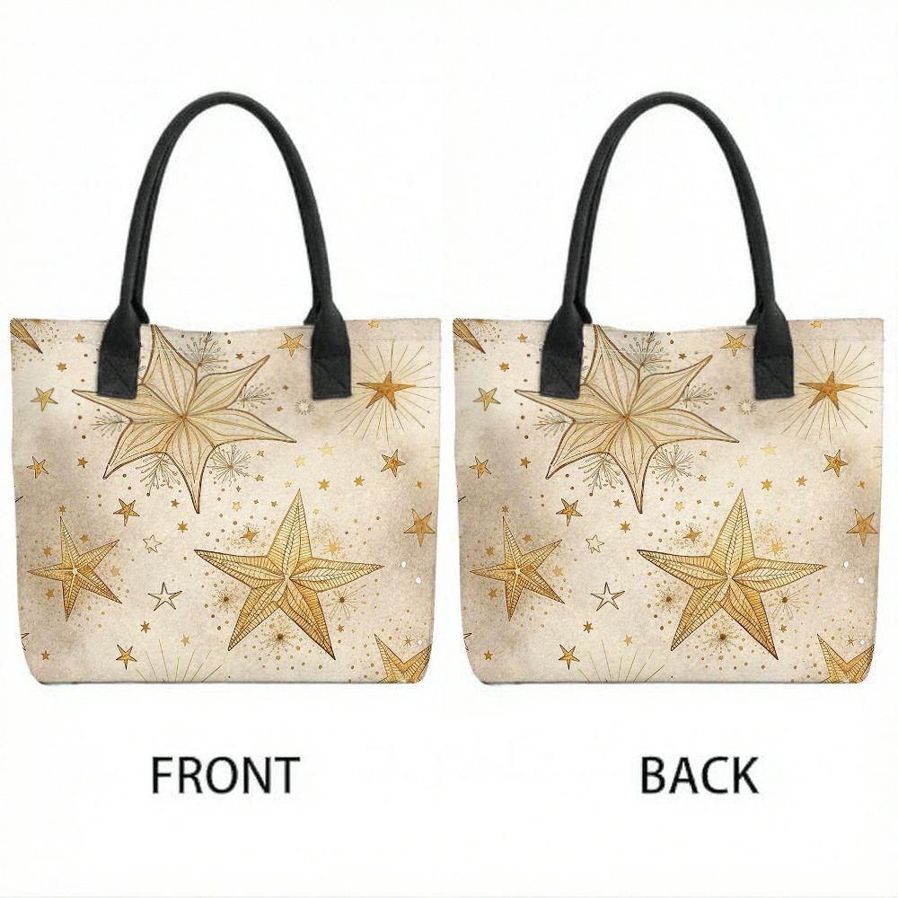  Boho Gold Star Pattern Canvas Tote Bag Casual Daily Shopping Shoulder Bag for Women