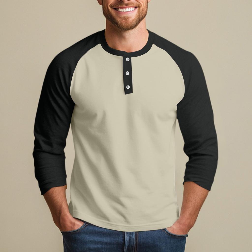 Men's Button-Down Contrast Raglan 3/4 Sleeve Top