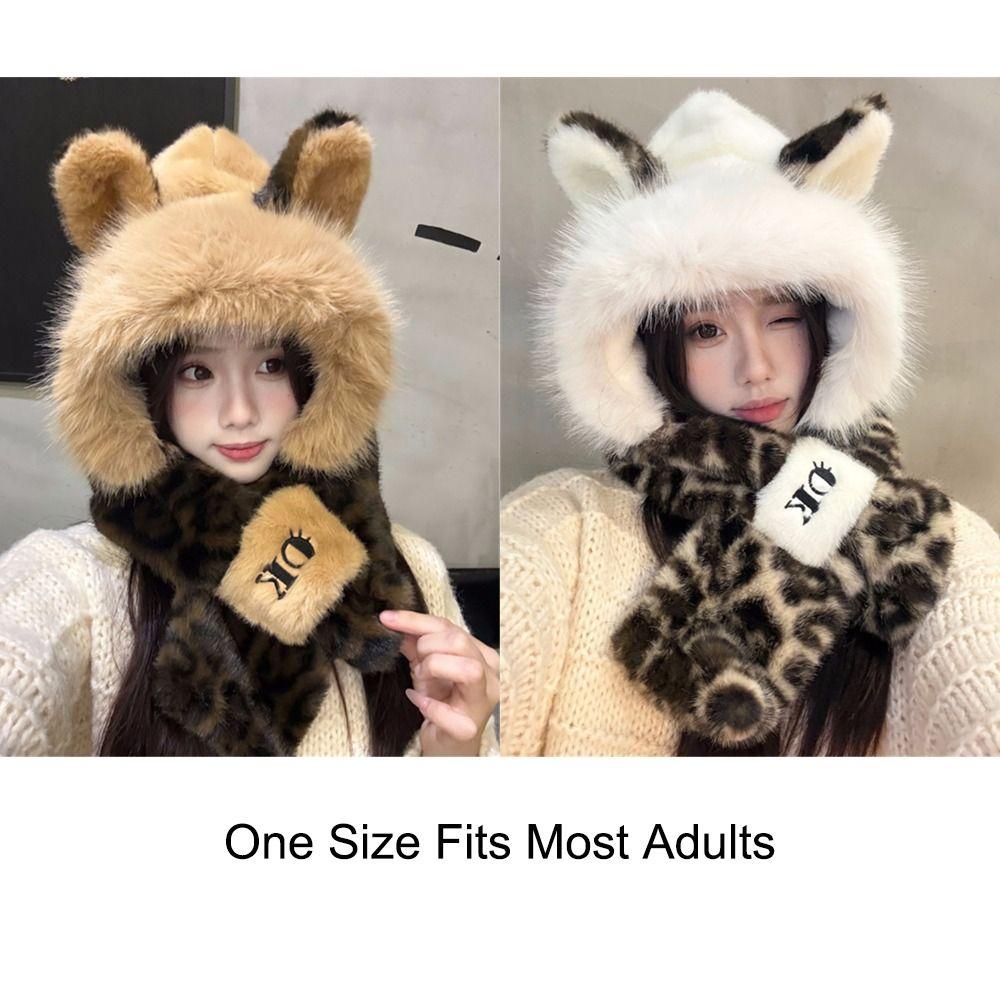 Thick Warm Lining Fox Ear Hat Scarf Faux Fur Plush Winter Scarf Hooded Scarf Set  Cold Weather