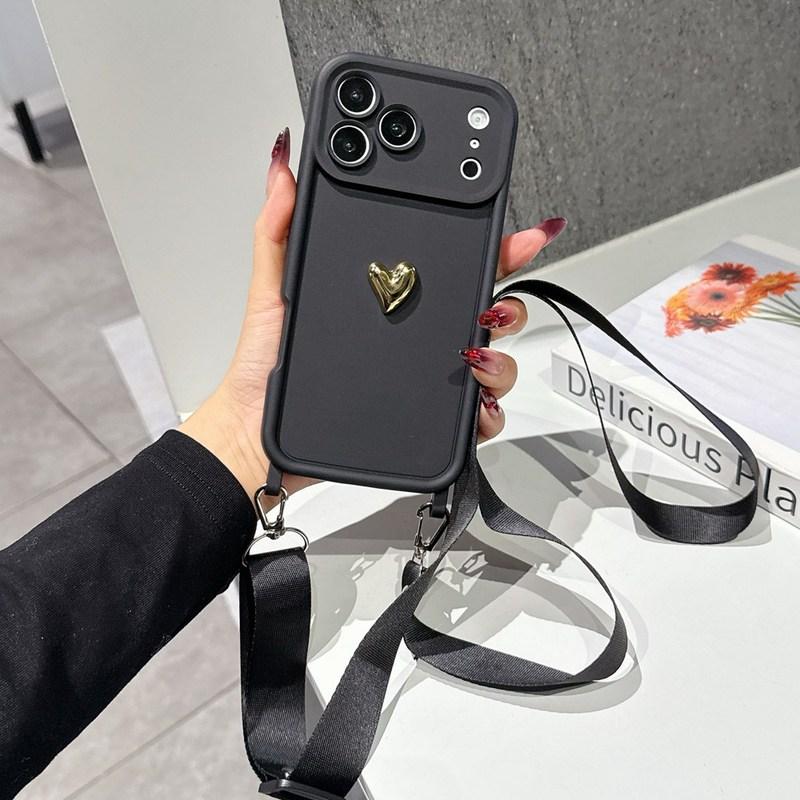 Cute 3D Golden Love Heart Soft Case For iPhone 17 11 12 13 14 15 Pro Max 16 Plus Crossbody Necklace Strap Lanyard Cover
