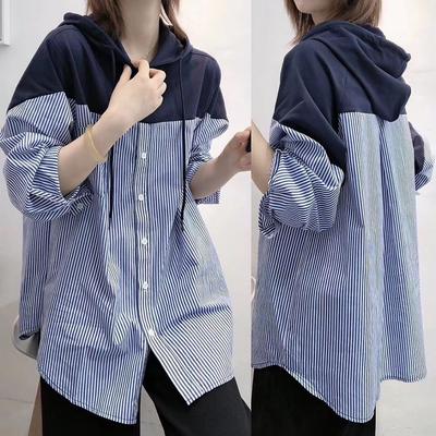 Spring and Autumn Women's Loose Hooded Striped Shirt