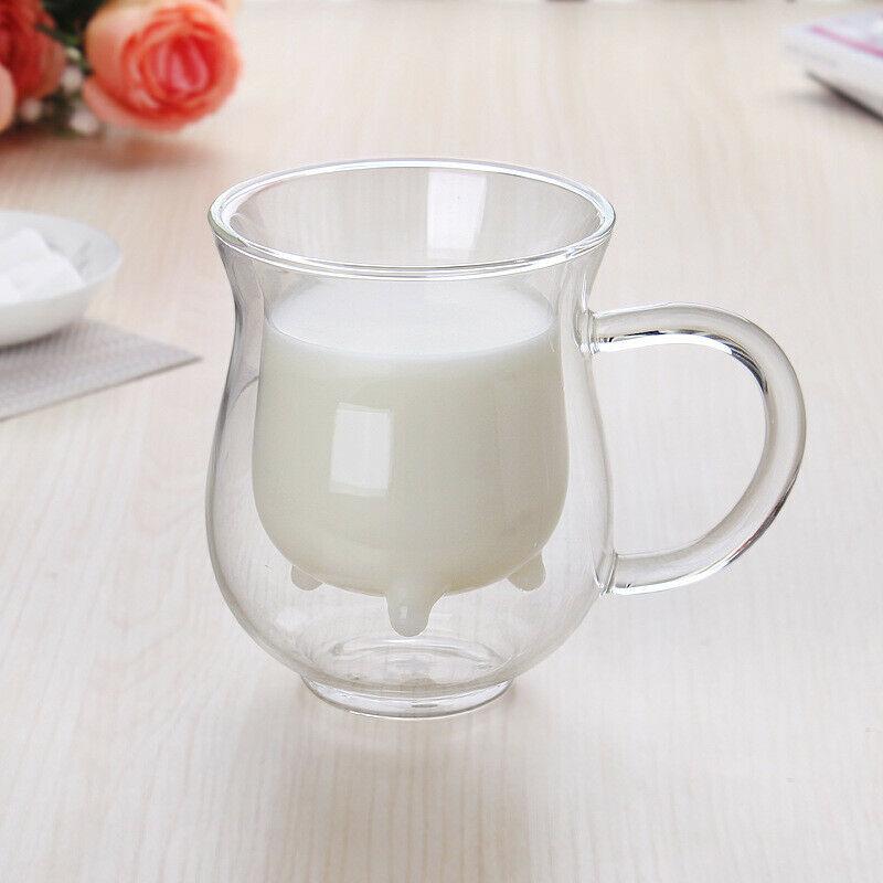 Creative Dairy Cow Mug, Double Wall Glass Cup for Milk Coffee Beer Fruit Juice, Heat Insulation Glass Household Drinkware
