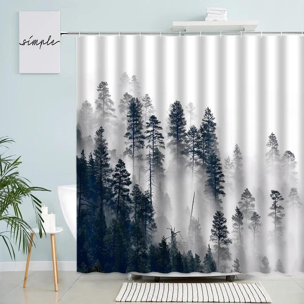 Fog Forest Shower Curtain Mountain Birds Winter Landscape Bath Curtains Modern Rural Nature Scenery Fabric Bathroom Decor Sets