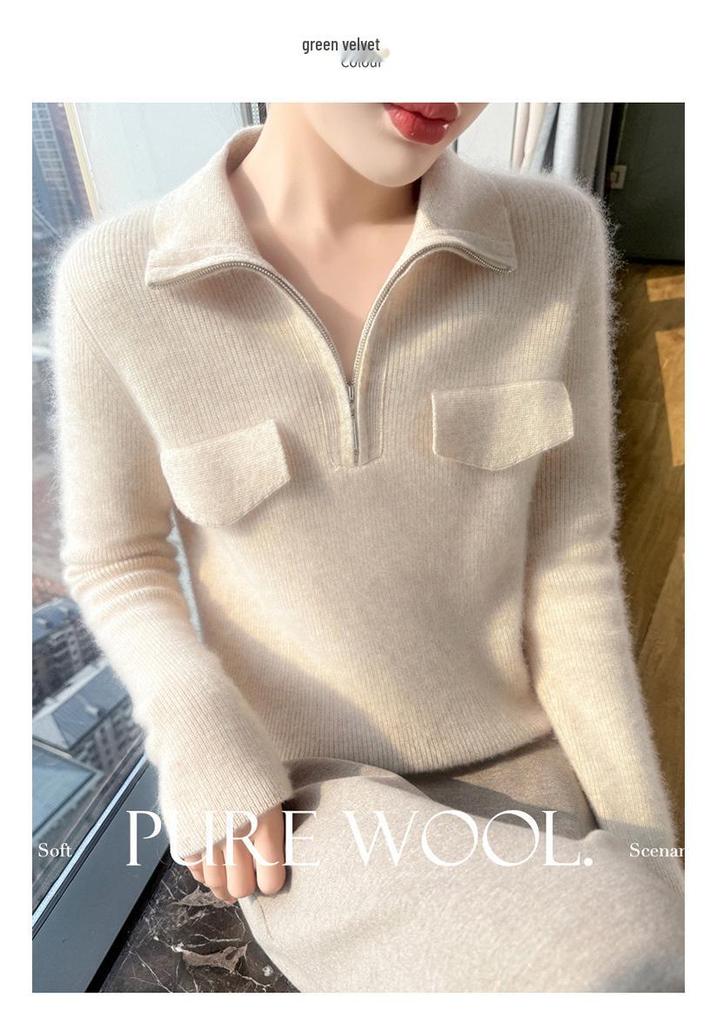 Women's Pure Wool Rib Knit Half Zip Sweater - Autumn/Winter Collection