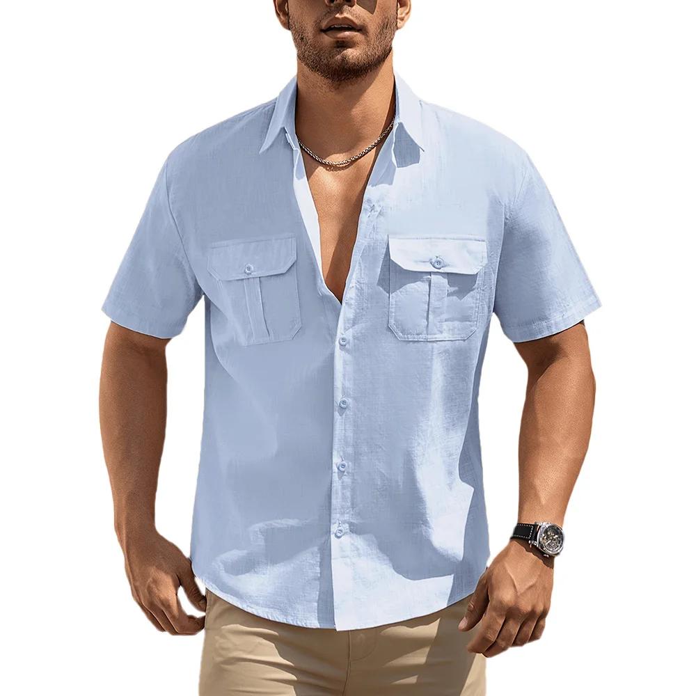 Summer Short Sleeve Shirt Double Pocket Cago Shirt Stylish Trendy Streetwear Casual Lightweight Button Up