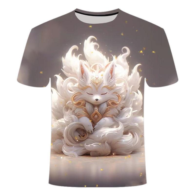 Letní novinka 2024 Pánské a dámské triko s kulatým výstřihem a krátkým rukávem s 3D potištěným vzorem Nine Tailed Fox