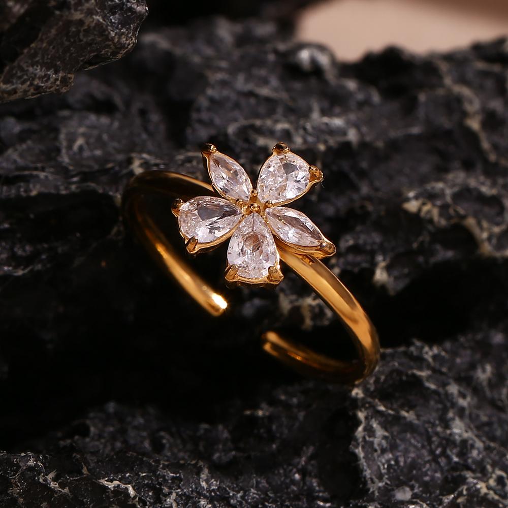 MamacitaSlay 316L Stainless Steel Zircon Flower Opening Ring Anniversary Waterproof Jewelry Women's 18K Gold Plated Ring Gift