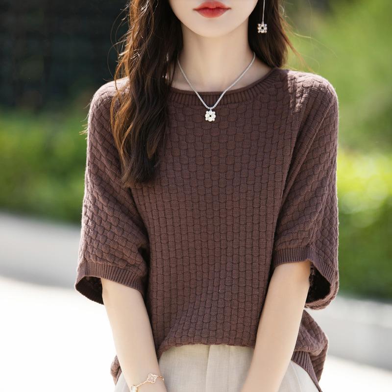 Pure Cotton Round Neck Sweater Short-sleeved Womens Summer Updated Stylishable Versatile Mid-sleeved T-shirt Stylishable Top