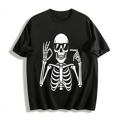 Funny OK Gesture Skeleton Print Casual T-Shirt Pure Cotton T-shirt