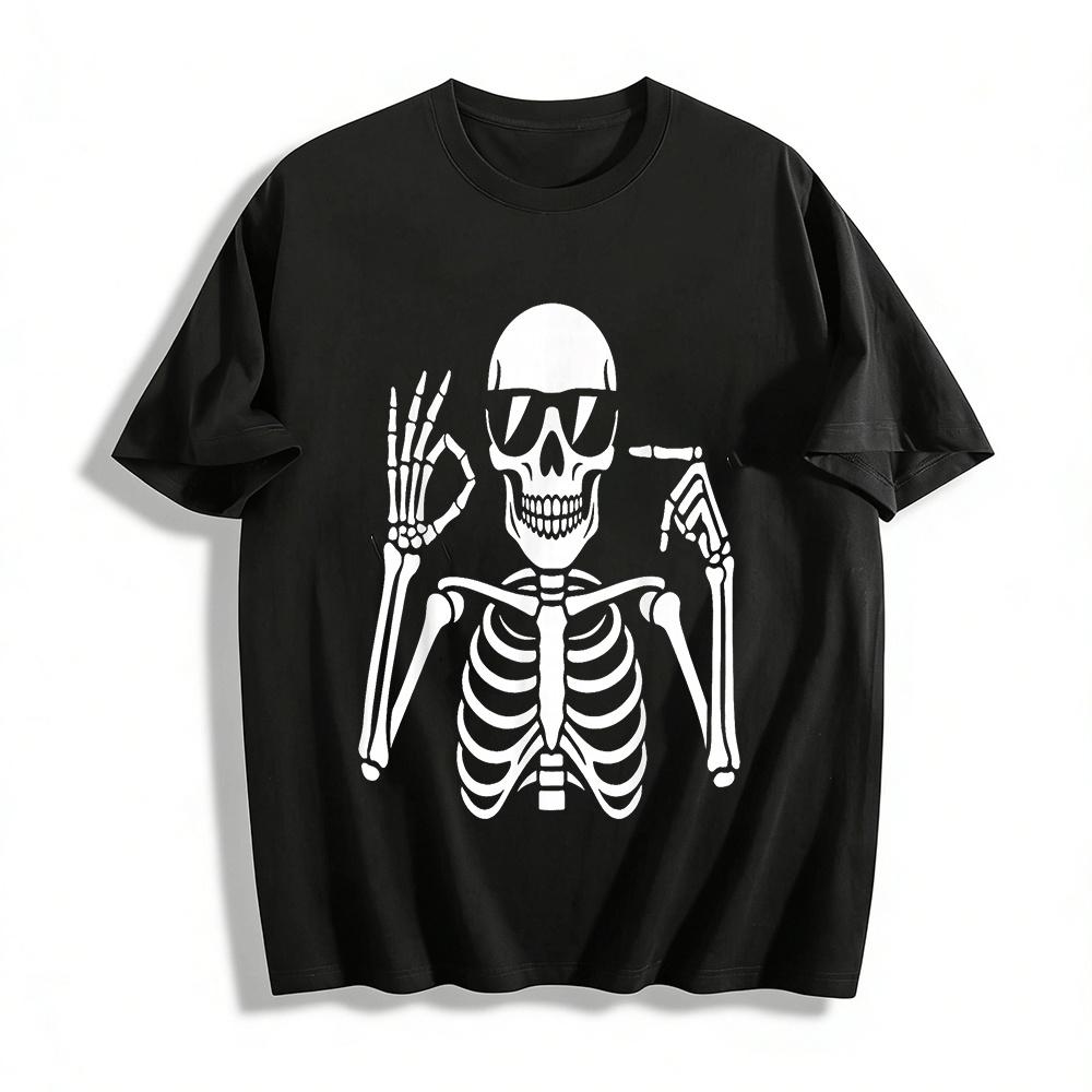Funny OK Gesture Skeleton Print Casual T-Shirt Pure cotton T-shirt XXS